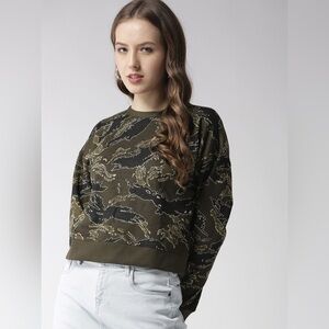 Madeline & Monroe Women Olive Green & Black Self Design
Camouflage Sweatshirt